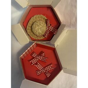 VTG 1988 Country Days Red Check Avon Pin Straw Hat & Earrings NOS